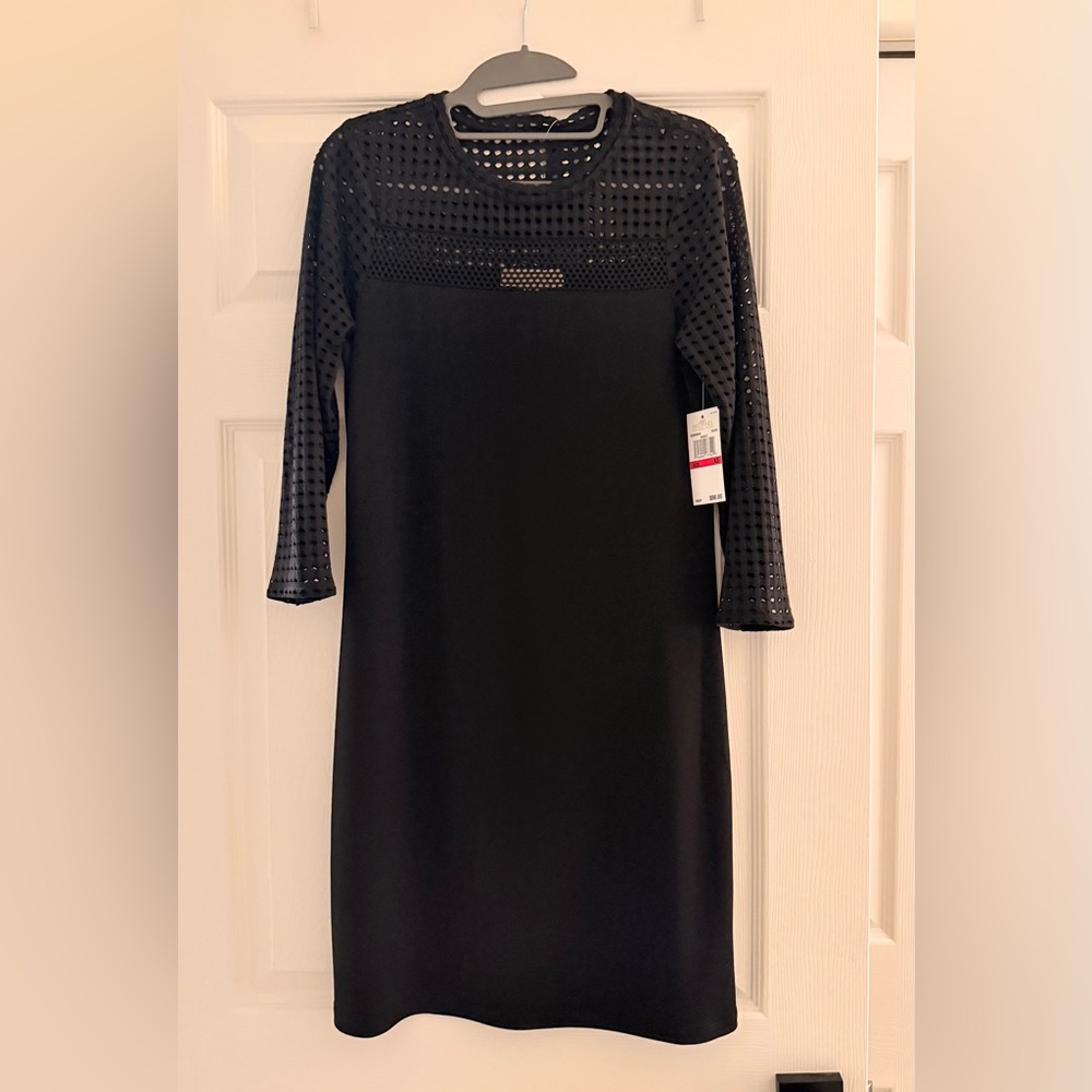 Michael Kors Black Midi Sleeve Dress with Mesh Overlay